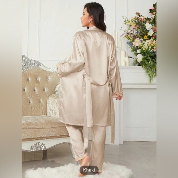Cream/Khaki 3-piece Sets Silk Satin Cami Top & Pants With Robe Pajama Set - Picture 2 of 8
